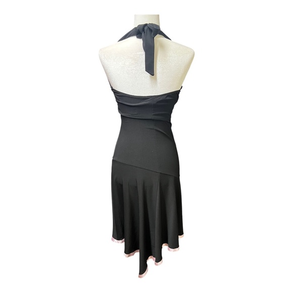 Y2K Halter Asymmetrical Black Midi Dress Pink Ribbon Trim Taboo - Picture 2 of 6